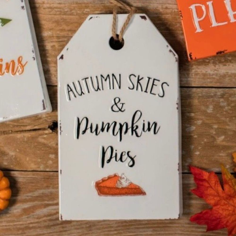 NWT 12” METAL ENAMEL AUTUMN SKIES & Pumpkin pies Autumn SIGN w/ hanging rope